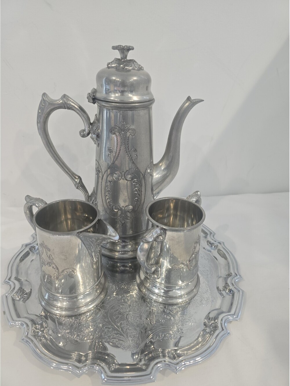 Beautiful vintage pewter tea and coffee service set made in Sheffield, England.